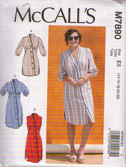 McCall's 7890 Retro 2019 Sewing Pattern Shirtdress, Shaped Front, Button Down Shirt Dress, 4 Styles Size 14-22