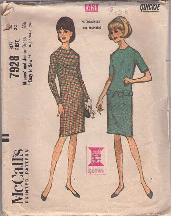 McCall's 7928 Vintage 60's Sewing Pattern Mod Dress Set, French Dart Fitted Slim Sheath Dress, Pockets as Tie Belt Carrier Size 12