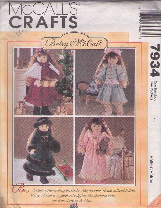 McCall's 7934 Retro 90's Sewing Pattern Doll Crafts, Old Fashioned Doll Wardrobe, Betsey McCall Rag and 18 American Girl Doll & Winter Holiday Wardrobe One Size"