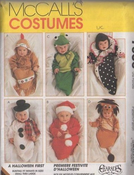 McCall's 7936 Retro 90's Sewing Pattern Baby Bunting Costumes, Tom Arma Style, Papoose Halloween Costumes, Snowman, Santa Clause, Indian, Frog, Clown, Lion