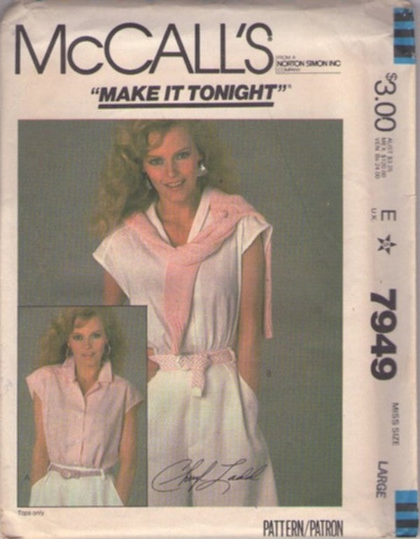 McCall's 7949 Vintage 80's Sewing Pattern Shirts Set, Buffy Preppie, Cap Sleeve Collared Summer Blouse, Top, Shirt Set 2 Styles Size L UNCUT