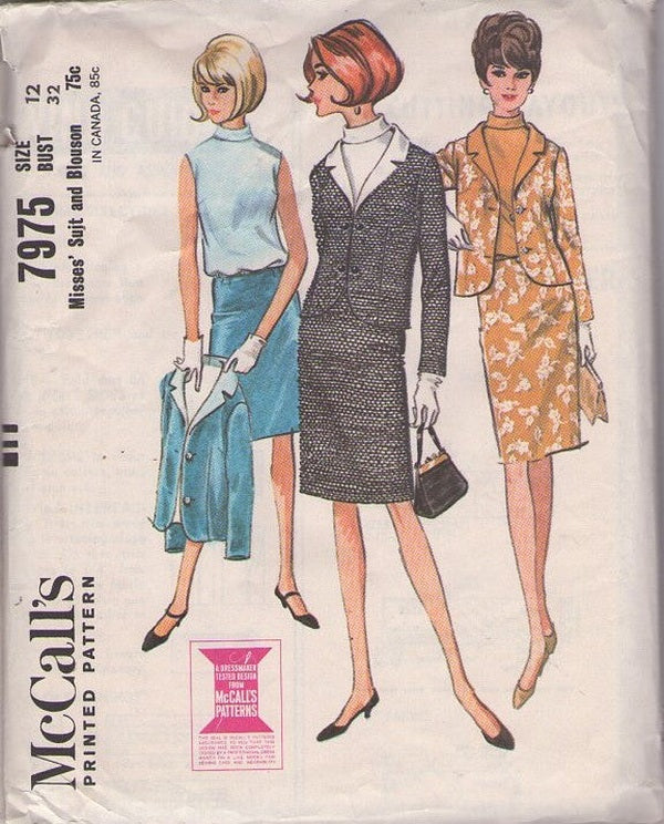 McCall's 7975 Vintage 60's Sewing Pattern Mod Suit Dress, Shaped Front Jacket, Blouson Blouse, Top, Slim Sheath Skirt Size 12