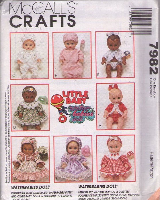 McCall's 7982 Retro 90's Sewing Pattern Doll Crafts, Little Baby, Water Babies Vinyl Doll Wardrobe, Clothes 3 Sizes S-L