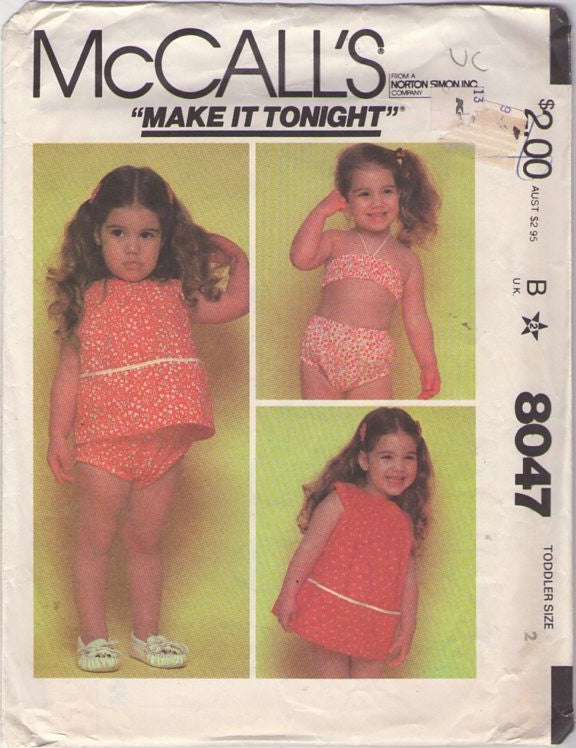 McCall's 8047 Vintage 80's Sewing Pattern Girls' Summer Separates, Make It Tonight Bikini Bathing Suit, Swimsuit Tube Top, Panties, Wrap & Tie Top, Dress Size 2