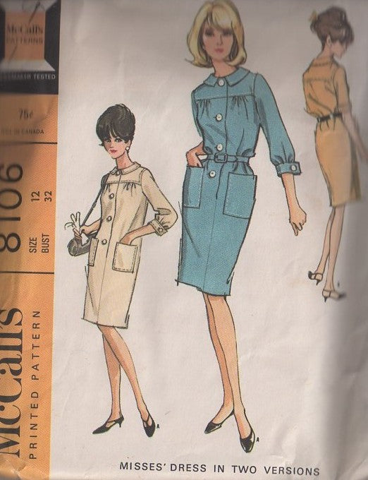 McCall's 8106 Vintage 60's Sewing Pattern Mod Day Dress, Step In Straight Fitted Yoked Shirtdress, Dress, Pockets & Belt Size 12