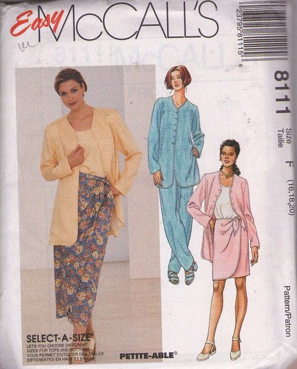 McCall's 8111 Retro 90's Sewing Pattern Easy Sarong Skirt, Tunic Top, Jacket Blouse, Trousers Size 16-20