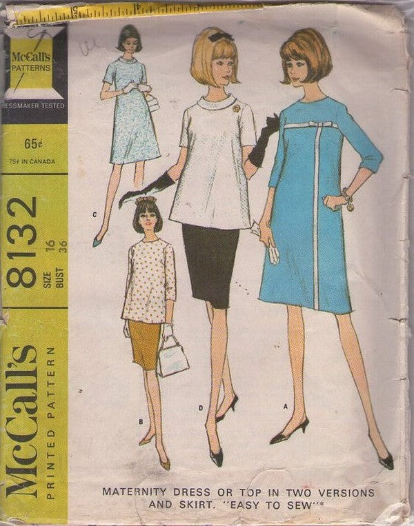 McCall's 8132 Vintage 60's Sewing Pattern Mod Separates, Loose Fitting Blouse, Sheath Skirt, A-Line Dress Size 16