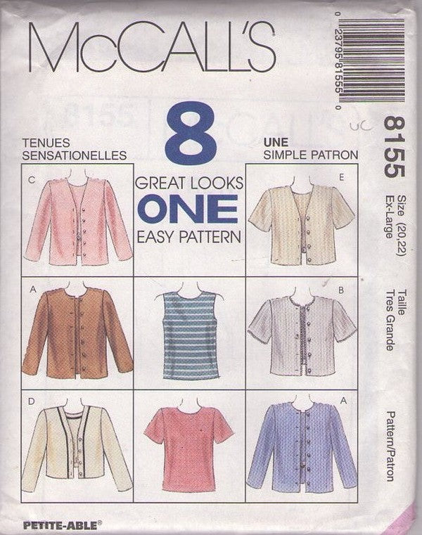 McCall's 8155 Retro 90's Sewing Pattern Top, Jacket Set, 8 Great Looks, 8 Styles Size S 8-10