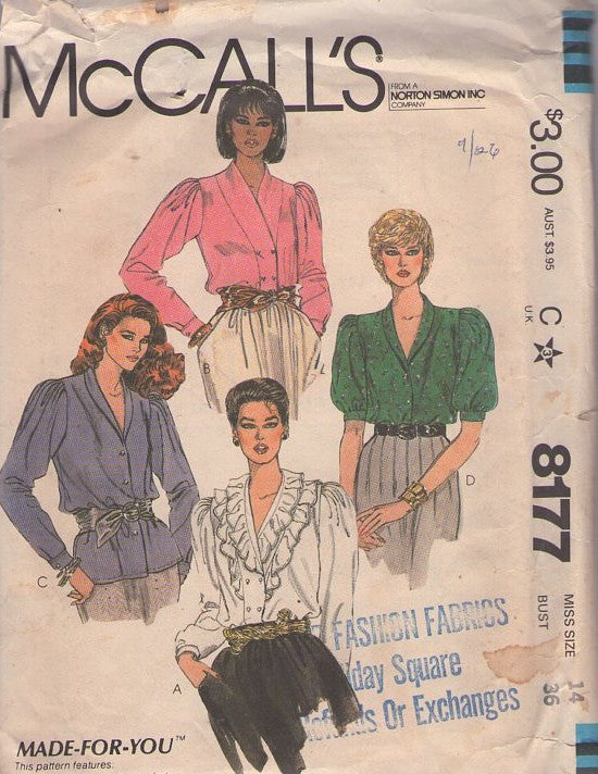 McCall's 8177 Vintage 80's Sewing Pattern Secretary Blouses, Pleated Puff Sleeve, Double Breasted Buttons Shirt Set, 4 Styles, Size 14