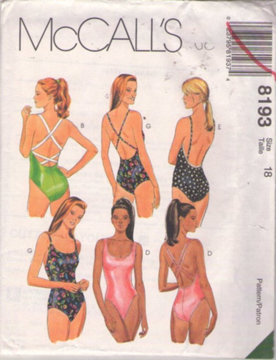 McCall's 8193 Retro 90's Sewing Pattern Bathing Suits, One Piece Swimsuit, Bathing Suit Set, Bare or Strappy Back SEVEN Styles Size 18