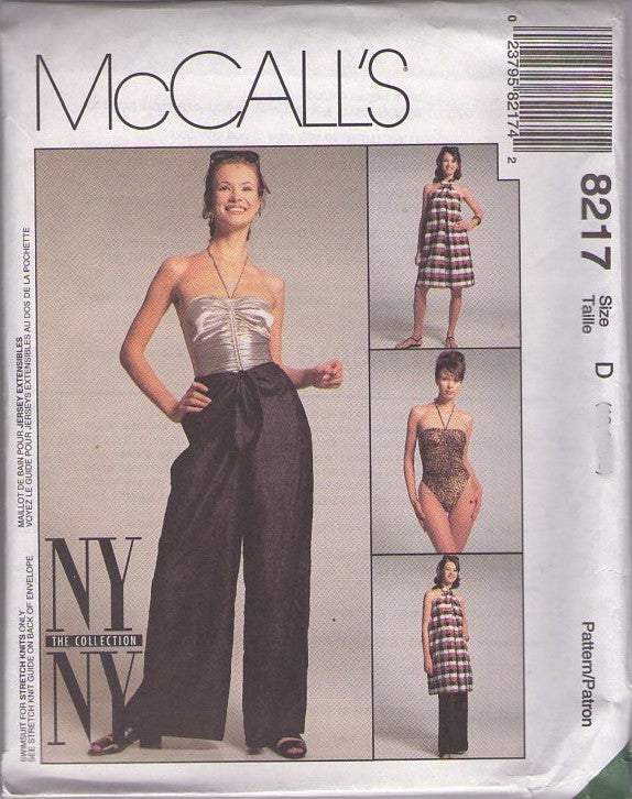 McCall's 8217 Retro 90's Sewing Pattern Designer Separates, NY The Collection Ruched Shiny Halter One Piece Swimsuit, Flared Palazzo Dress Pants, Halter Top Tent Dress TOTAL FUNK! Size 4-8