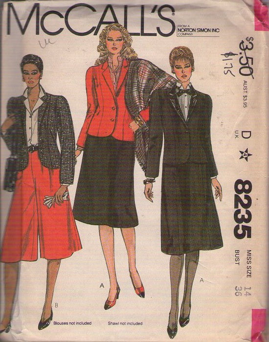 McCall's 8235 Vintage 80's Sewing Pattern Suit Separates, Fitted Blazer Jacket, Panel Cut Skirt, Fly Front Culottes Gauchos Skirt Size 14