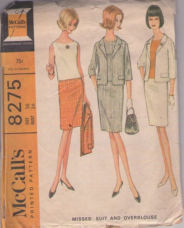 McCall's 8275 Vintage 60's Sewing Pattern Mod Suit Dress, Office Separates, Shell Blouse Top, Slim Sheath Skirt, Blazer Jacket Size 16