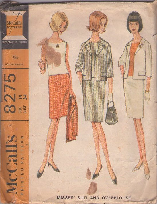 McCall's 8275 Vintage 60's Sewing Pattern Mod Suit Dress, Office Separates, Shell Blouse Top, Slim Sheath Skirt, Blazer Jacket Size 14