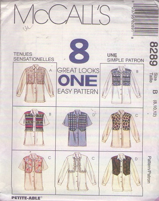McCall's 8289 Vintage 90's Sewing Pattern Mock Vest Shirt, Flap Front, Wearable Art Blouse Set, 8 Great Looks, One Easy Pattern Size 8-12