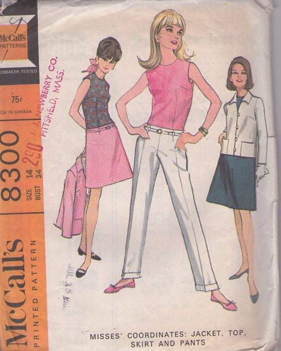 McCall's 8300 Vintage 60's Sewing Pattern Mod Separates, Gidget Hipster, Hip Hugger A-Line Skirt, Cuffed Pants, Top & Cardigan Suit Jacket Size 14