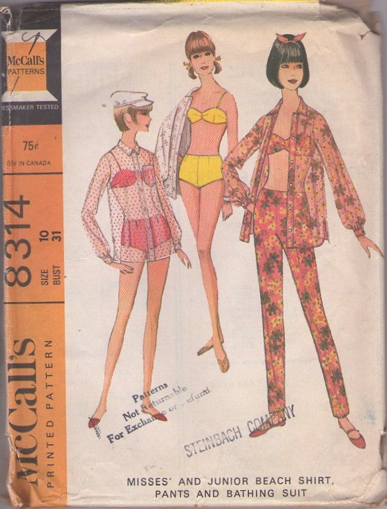 McCall's 8314 Vintage 60's Sewing Pattern Mod Summer Separates, Yeah Baby! GoGo Bra Top, Brief Pinup Panties Bottoms Bikini Bathing Suit, Swimsuit, Sheer Shirt Cover Up, Pants Size 10