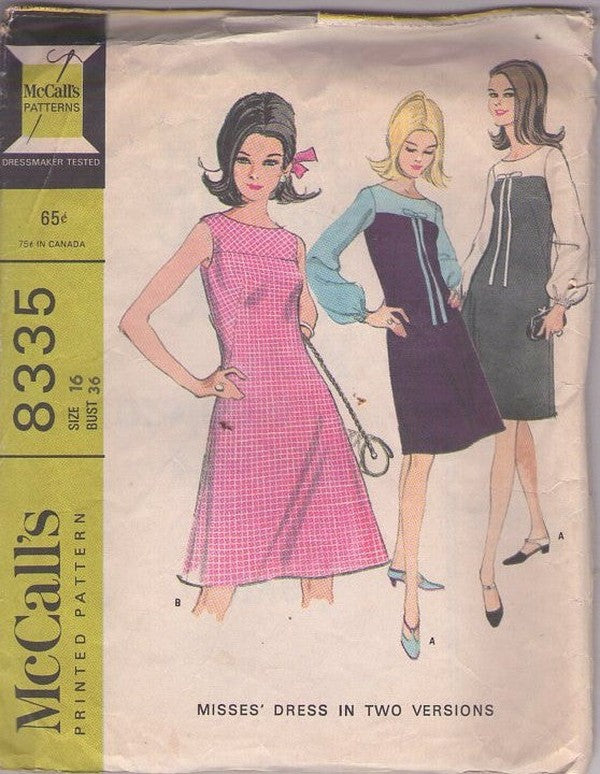 McCall's 8335 Vintage 60's Sewing Pattern Mod Dress, Fit & Flared, Contrast Yoke, 2 Twiggy Styles Size 16