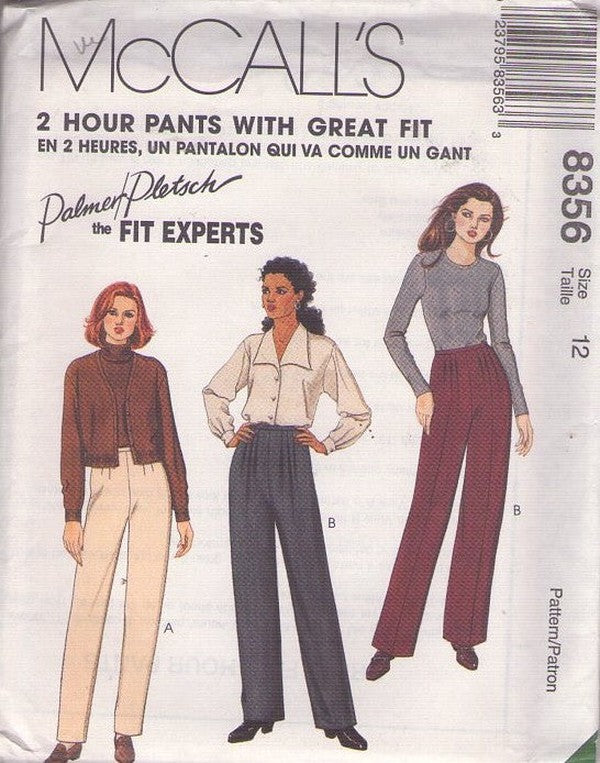 McCall's 8356 Retro 90's Sewing Pattern Palmer Pletsch Fit Experts Pants, Pleated Trousers, 2 Styles Size 12