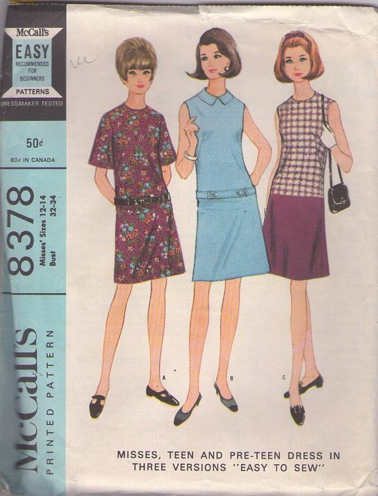 McCall's 8378 Vintage 60's Sewing Pattern Mod Dress Set, Twiggy Looks, Drop Waist Shift Dress, Retro Secretary 3 Styles Size 12-14