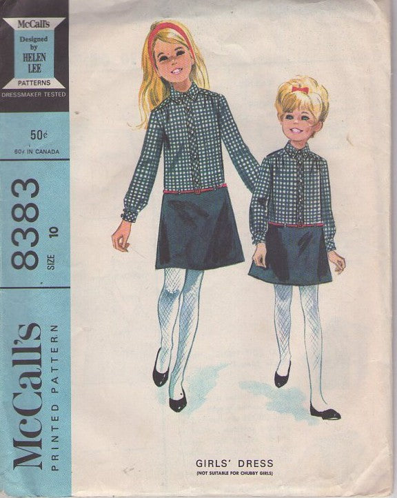 McCall's 8383 Vintage 60's Sewing Pattern Girls' Dresses, Mod Twiggy Style Drop Waist Contrast Top & Skirt School Days Dress Size 10