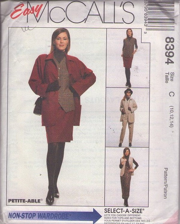 McCall's 8394 Retro 90's Sewing Pattern Easy Office Separates, Jacket, Coat, Vest, Skirt, Pants Size 10-14