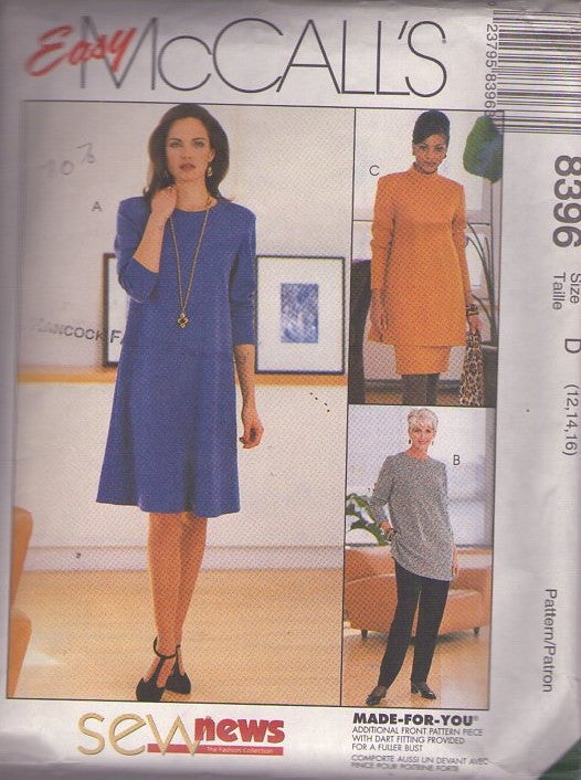 McCall's 8396 Retro 90's Sewing Pattern Easy Loose Fitting Tunic Top Shirt, Dress, Skirt, Pants, Sew News Size 12-16