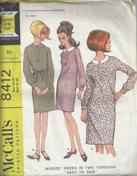 McCall's 8412 Vintage 60's Sewing Pattern Mod Dresses, Easy to Sew Mad Men Button Band Sheath Dress, Flat Collar Size 10-12