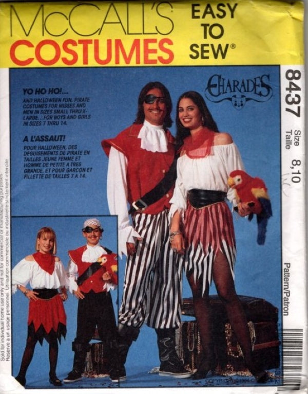 McCall's 8437 Retro 90's Sewing Pattern Charades Brother & Sister Couples Costume, Sea Wench and Pirate Jacket, Pants, Dress Size Child 8-10