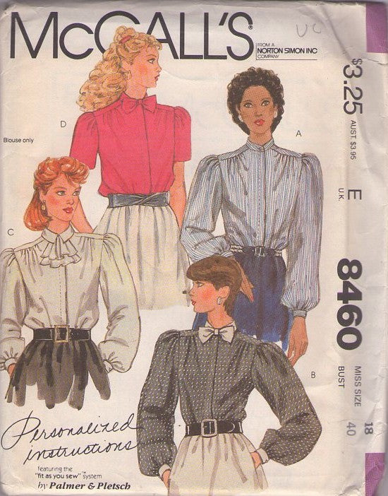 McCall's 8460 Vintage 80's Sewing Pattern Secretary Blouses, Hidden Band Button Up Balloon Sleeve Blouse Set 4 Styles Size 18