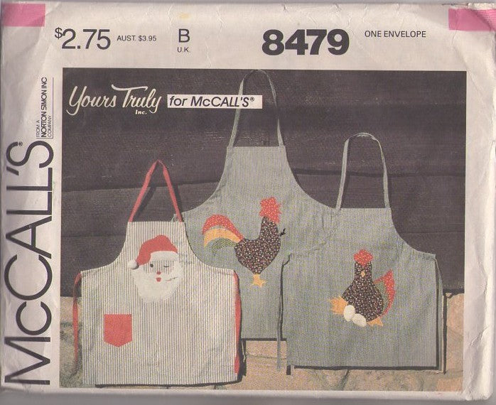 McCall's 8479 Vintage 80's Sewing Pattern Country Aprons, His & Hers Yours Truly Halter Top Butcher Aprons, Santa, Rooster, Hen & Eggs Farming Apron One Size