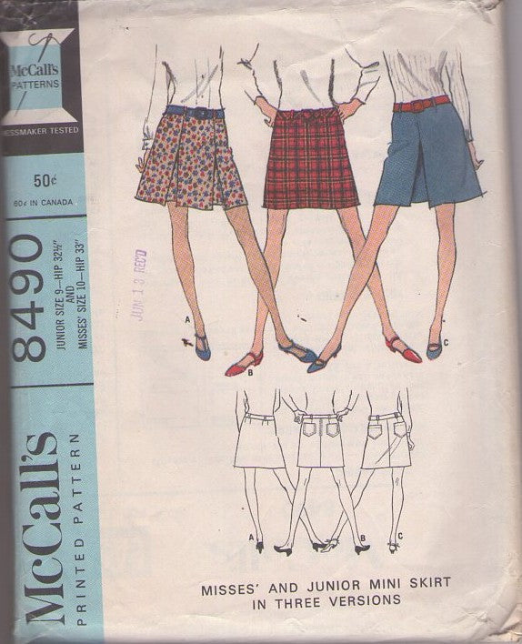 McCall's 8490 Vintage 60's Sewing Pattern Mod Mini Skirts, 3 Styles, Denim Jeans, Pleated, Plaid Size 9-10