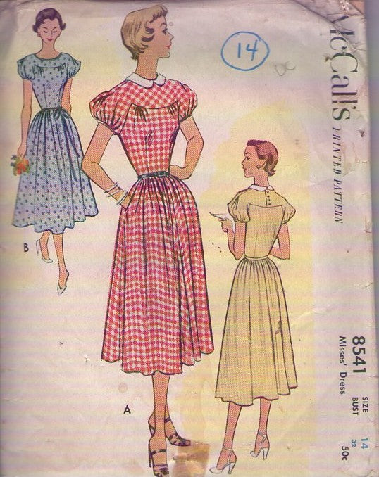 McCall's 8541 Vintage 50's Sewing Pattern Afternoon Dress Set, Buttoned Puff Sleeve Yoke, Fit Bodice, Flared Skirt, Farmer's Daughter Look, 2 Styles Size 14