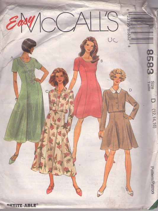 McCall's 8583 Retro 90's Sewing Pattern Dress & Jacket Set, Easy Princess Seams Fit & Flared Secretary Garden Party Dress, Short or Below Knee & Cropped Jacket Size 12-16