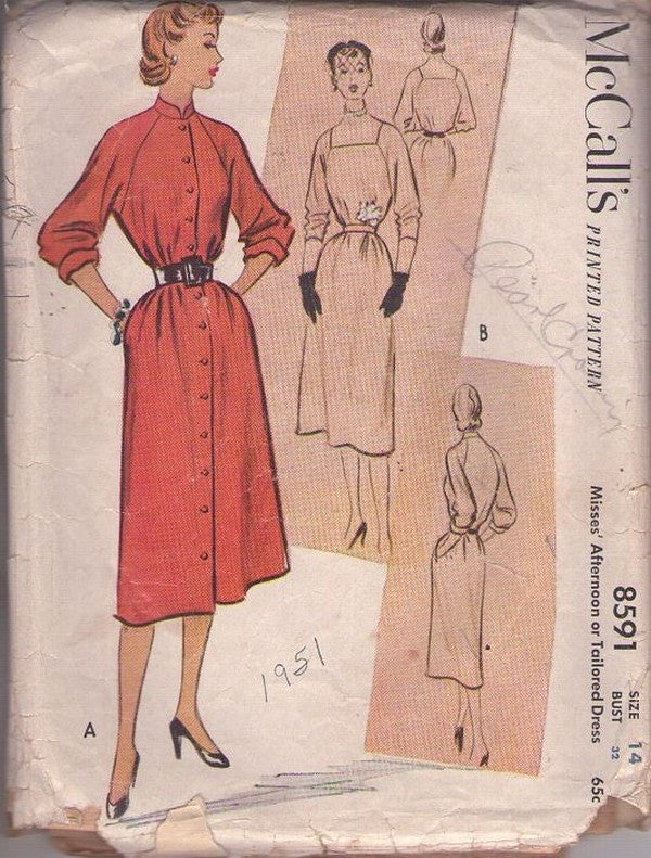 McCall's 8591 Vintage 50's Sewing Pattern Day Dress Set, Front Buttoned Shirt Dress, Square Neck Cocktail Party Dress, 2 Styles Size 14