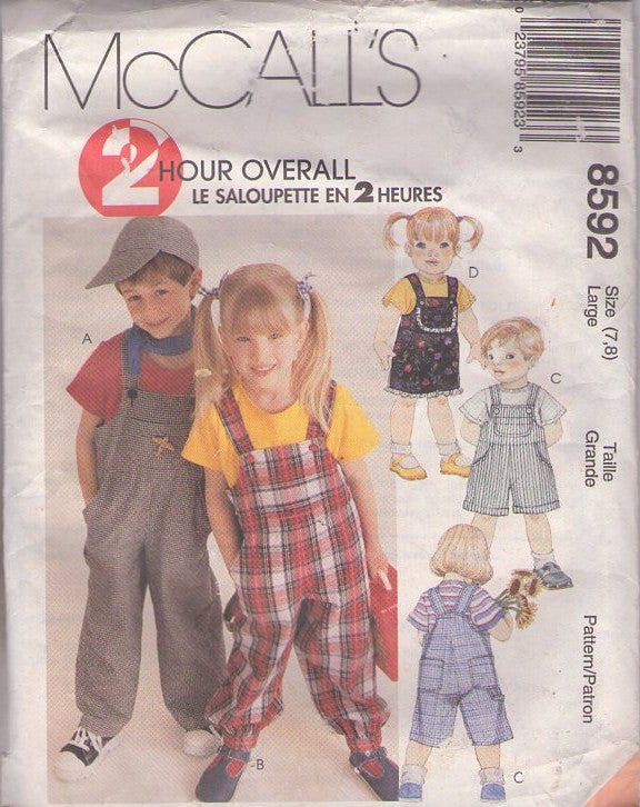 McCall's 8592 Retro 90's Sewing Pattern Girls' & Boys' Overalls, Easy 2 Hour Overall, Suspender Straps, Shorts or Pants Coveralls Size L 7-8