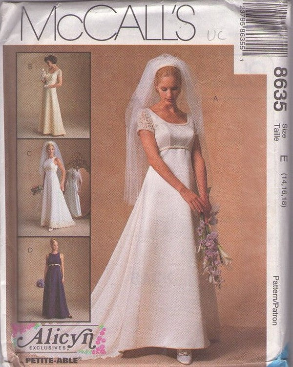 McCall's 8635 Retro 90's Sewing Pattern Wedding Gowns, Alicyn Formal Bridesmaid, Prom, Evening Dress Set, 4 Styles Size 12-16