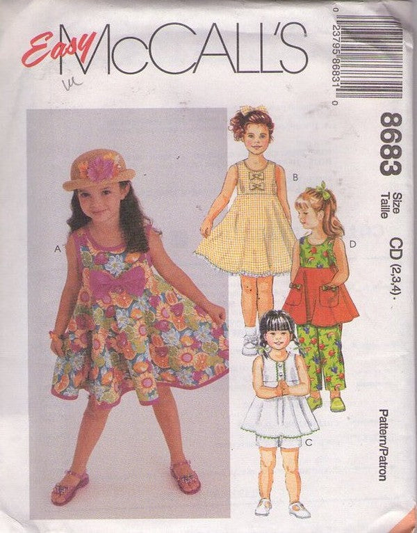McCall's 8683 Retro 90's Sewing Pattern Girls' Separates, Easy Summer Sundress, Sun Dress or Skirted Modest Blouse, Shorts, Pants Size 2-4