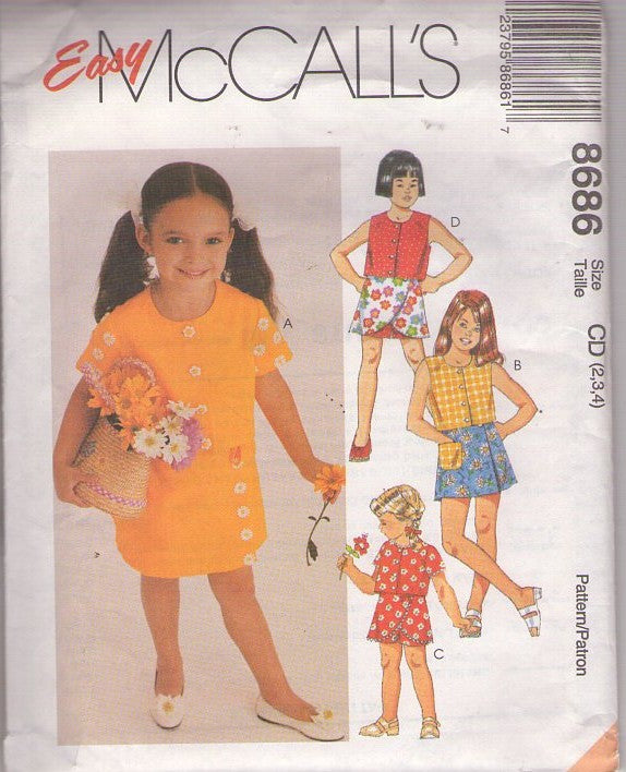McCall's 8686 Retro 90's Sewing Pattern Girls' Separates, Easy to Sew Summer Blouse, Flap Front Skorts, Shorts, Size 2-4