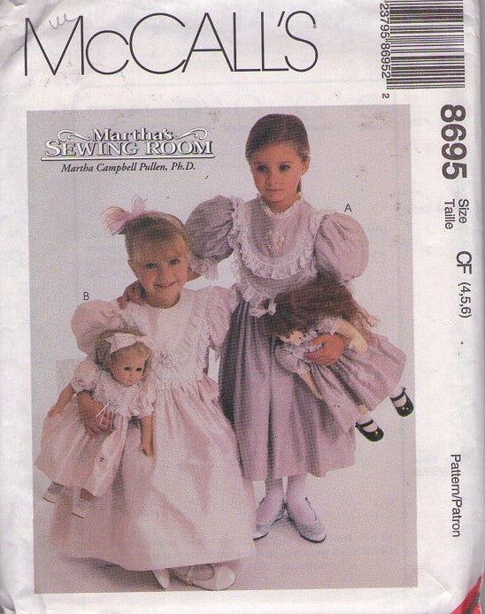 McCall's 8695 Retro 90's Sewing Pattern Girls' Fancy Dress, Martha's Sewing Room, Victorian Style, Old Fashioned Fancy Party Dress Set, Matching 18 Doll Dresses Size 4-6"