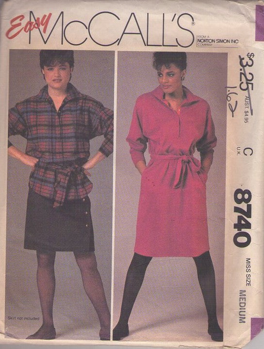 McCall's 8740 Vintage 80's Sewing Pattern Easy Shirt Dress, Tunic Blouse, Collared Dress, Tie Belt Size M