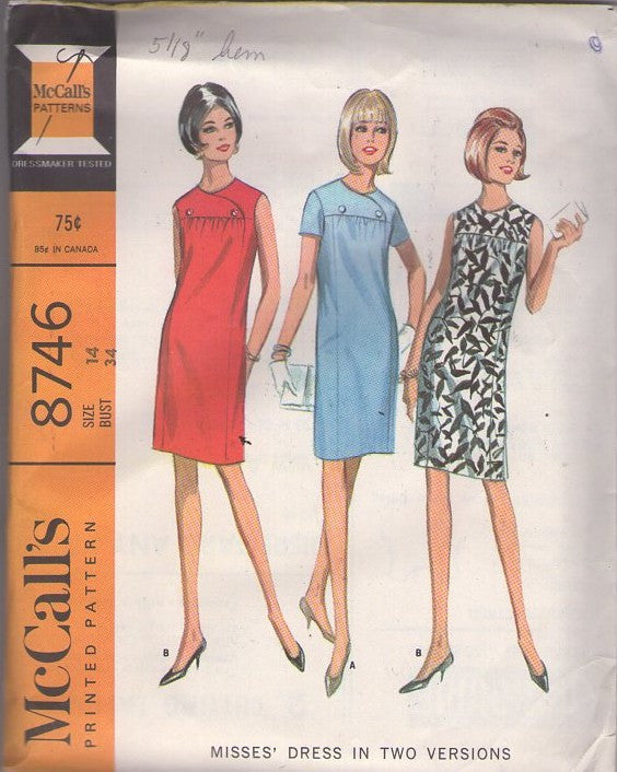 McCall's 8746 Vintage 60's Sewing Pattern Mod Dress, Twiggy Styles, Button Yoked, Slim Sheath Panel Party Dress 2 Styles Size 14