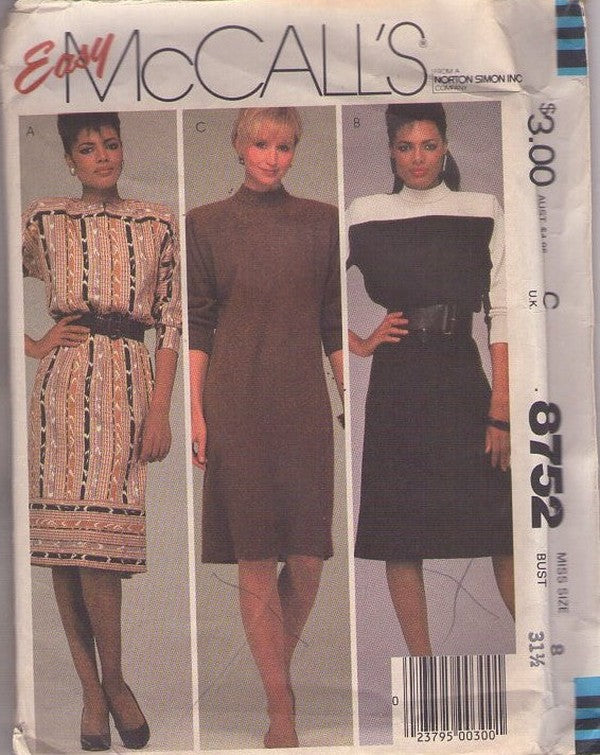 McCall's 8752 Vintage 80's Sewing Pattern Secretary Dress, Contrast High Yoke, Straight Fit 3 Styles Size 8
