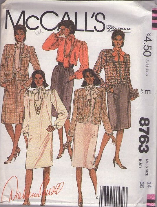 McCall's 8763 Vintage 80's Sewing Pattern Career Separates, Diahann Carroll, Boxy Suit Jacket, Straight Fit Tie Collar Party Dress, Secretary Blouse & Skirt Separates Size 14