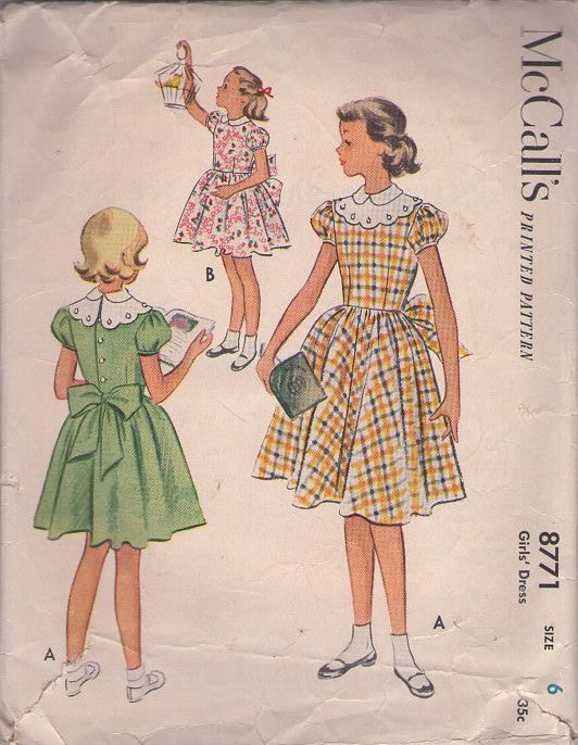 McCall's 8771 Vintage 50's Sewing Pattern Girls' Modest Puff Sleeve Dress, Back Button Bodice, Bow, 2 Styles Size 6
