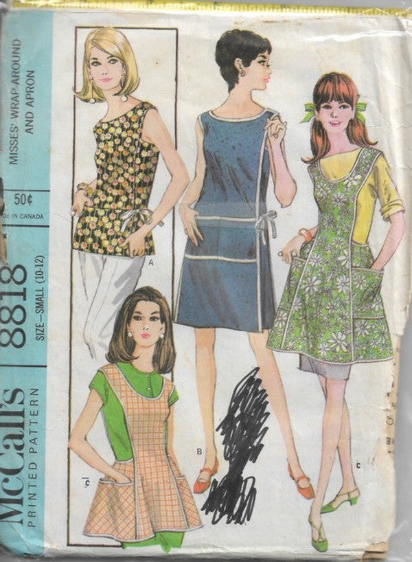 McCall's 8818 Vintage 60's Sewing Pattern Housewife Aprons, Wrap Around & Tie Cover Up 3 Styles Size S 10-12