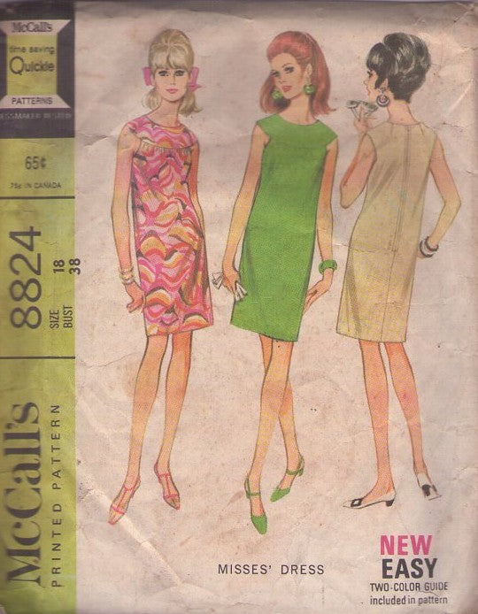 McCall's 8824 Vintage 60's Sewing Pattern Mod Dress, Yoked Gogo Straight Shift Dress Size 18