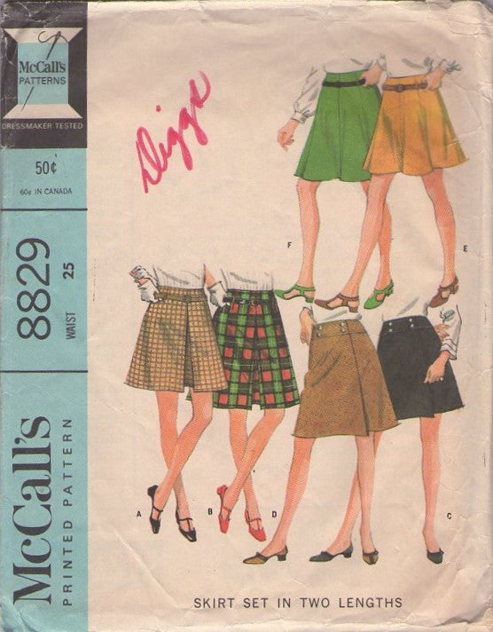 McCall's 8829 Vintage 60's Sewing Pattern Mod Skirts, Mini Skirt Set, 2 Lengths, Pleats, Wrap, Flounces Waist 25