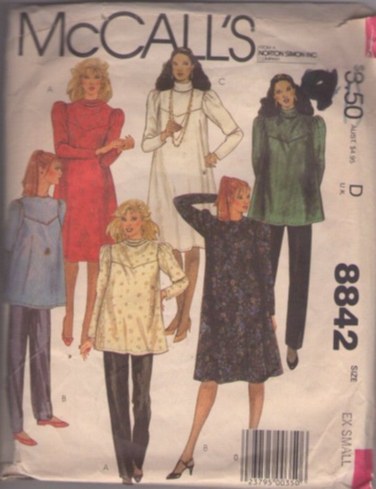 McCall's 8842 Vintage 80's Sewing Pattern Career Separates, Office Secretary Flared Yoked Tent Dress, Tunic Top Blouse, Pants Size XS
