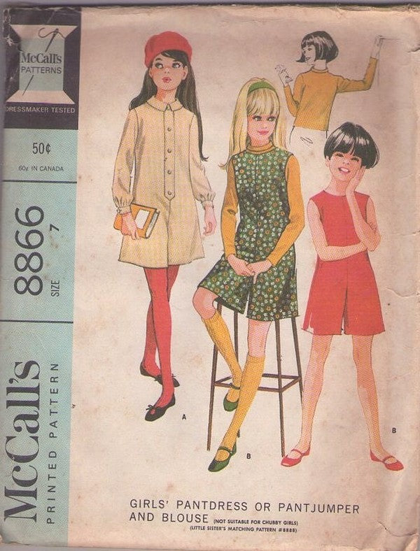 McCall's 8866 Vintage 60's Sewing Pattern Girls' Mod Pantdress, Button Band Romper, Pantjumper, Jumper, Blouse Size 7